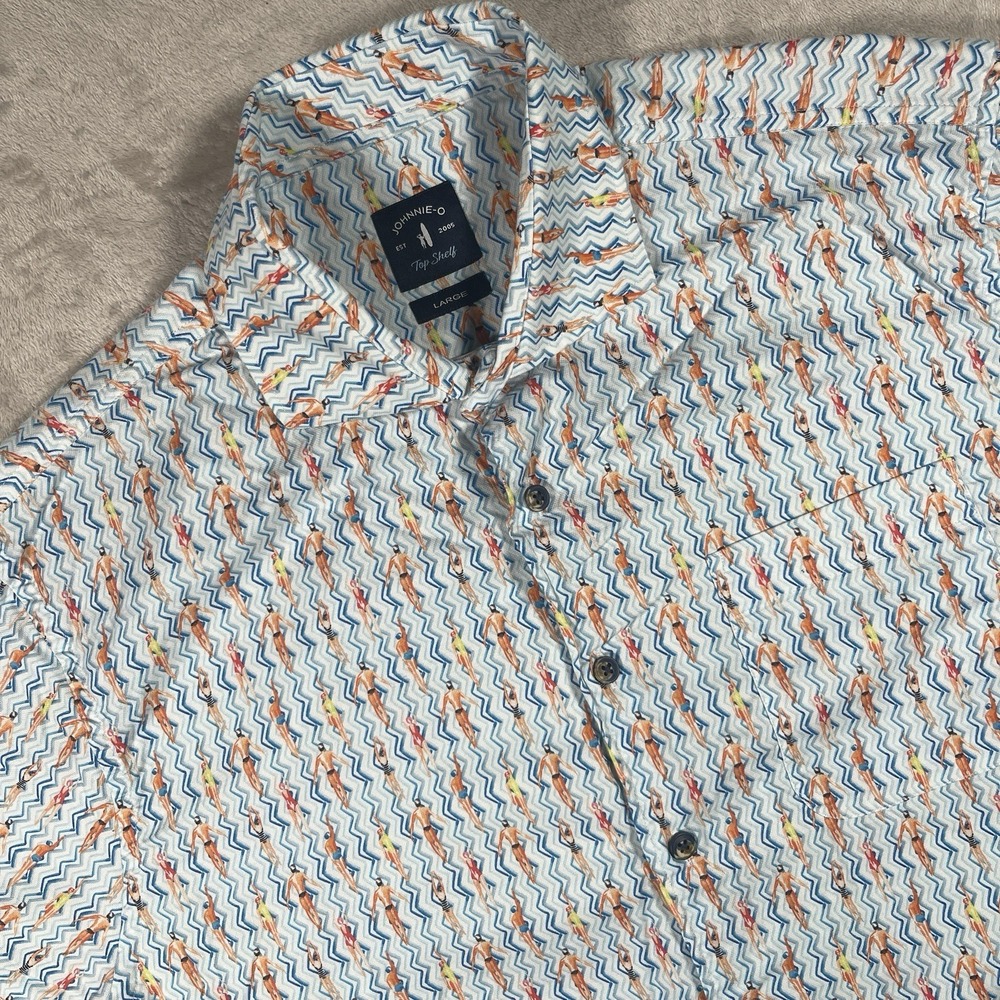 Johnnie-O Myrtle Top Shelf Button Up Shirt Mens L Short Sleeve Swimmers Print